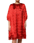 Women's Red Silk Tiers Fringe Shift Knee Length Dress