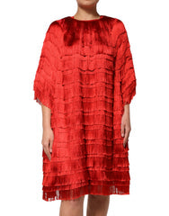 Women's Red Silk Tiers Fringe Shift Knee Length Dress