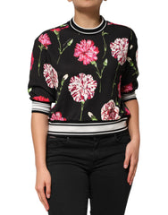 Women's Black Floral Print Cotton Short Sleeves Top
