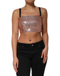 Women's Pink Sequined Nylon Sleeveless Cropped Top