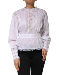 Women's White Cotton Floral Lace Long Sleeves Top Nylon Viscose