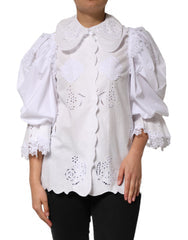 Women's White Ruffled Lace Embellished Blouse Top Cotton Linen Polyester