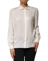 Women's White Silk Long Sleeves Collared Shirt Top