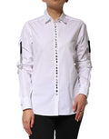 Women's White Crystal Embellished Collared Shirt Top Cotton