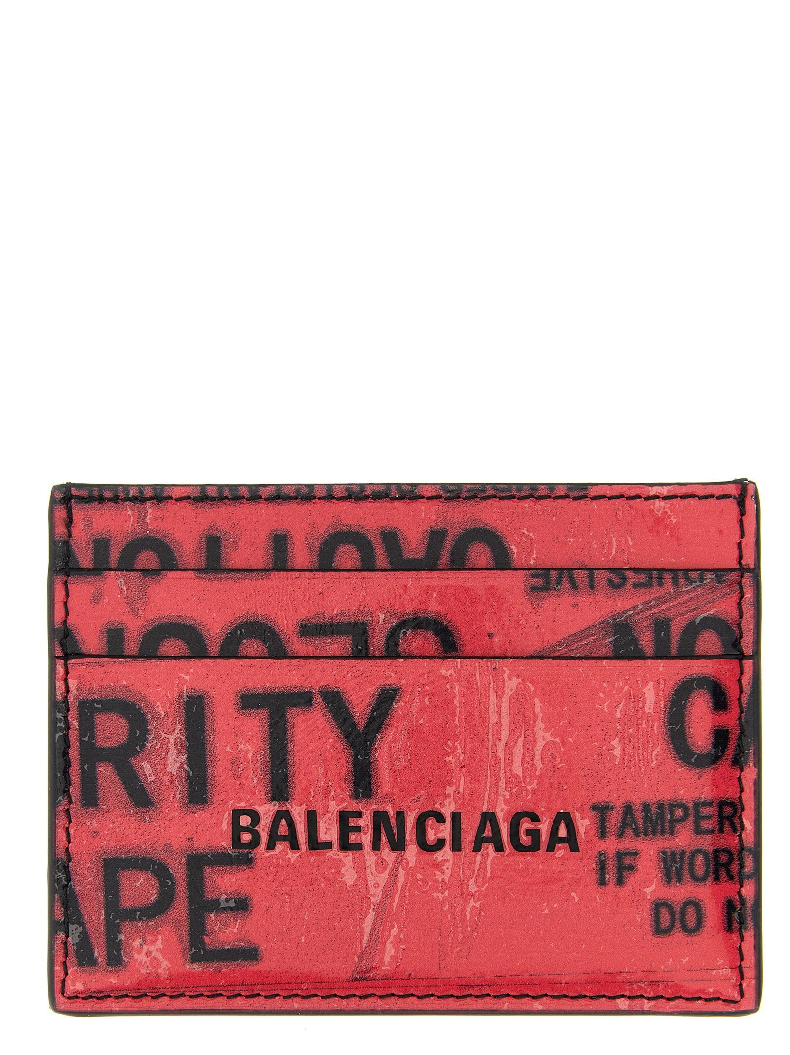 Balenciaga Tape-Print Calf Leather Card Case — Red