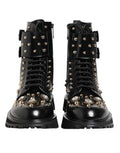 Men's Black Studded Lace Up Mid Calf Boots Shoes Calfskin Leather
