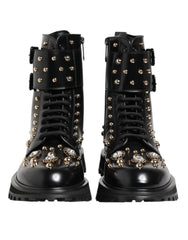 Men's Black Studded Lace Up Mid Calf Boots Shoes Calfskin Leather
