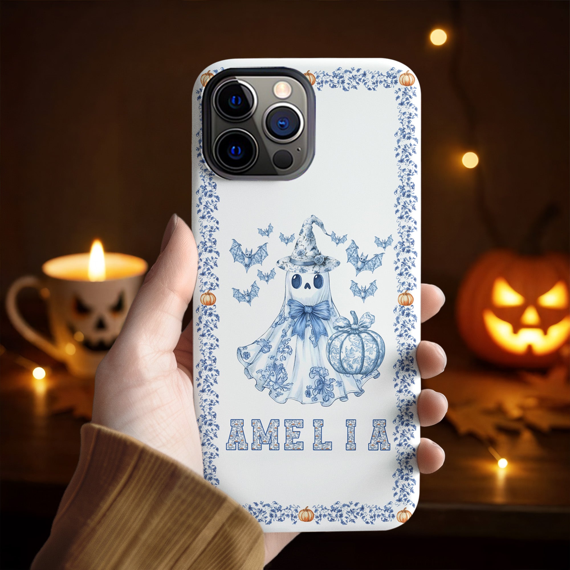 Personalizada Toile De Jouy Espeluznante Nombre de la calabaza fantasma de doble capa funda del teléfono para el iPhone de Halloween Regalo para Niña Niño