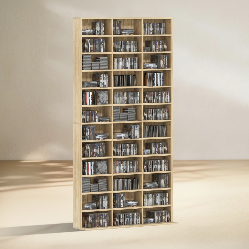 1116 CD/ 528 DVD Storage Unit, Media Storage Shelf, Wooden Display Unit with Adjustable Shelves, 102 x 195 cm, Oak Tone