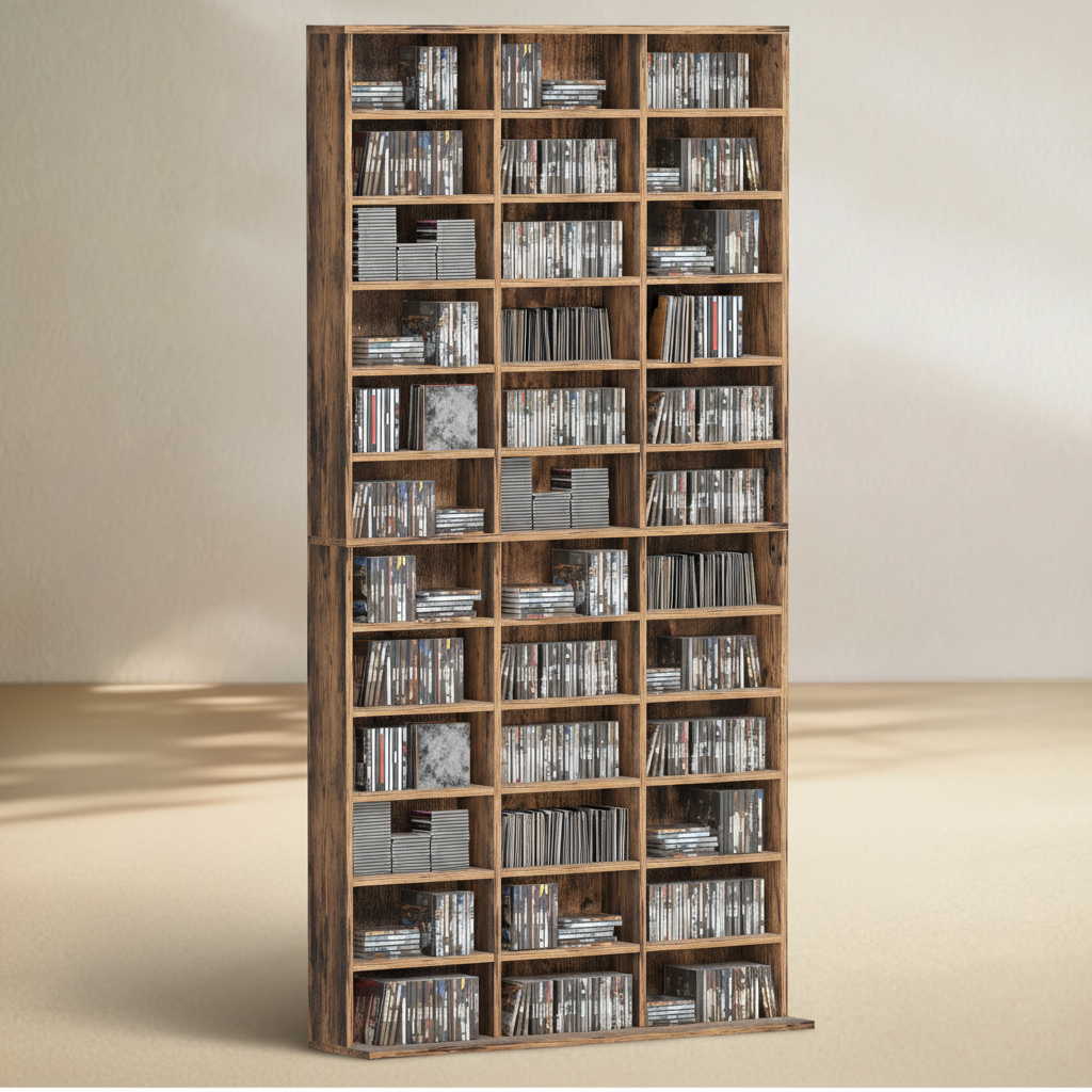 1116 CD/ 528 DVD Storage Unit, Media Storage Shelf, Wooden Display Unit with Adjustable Shelves, 102 x 195 cm, Rustic Brown