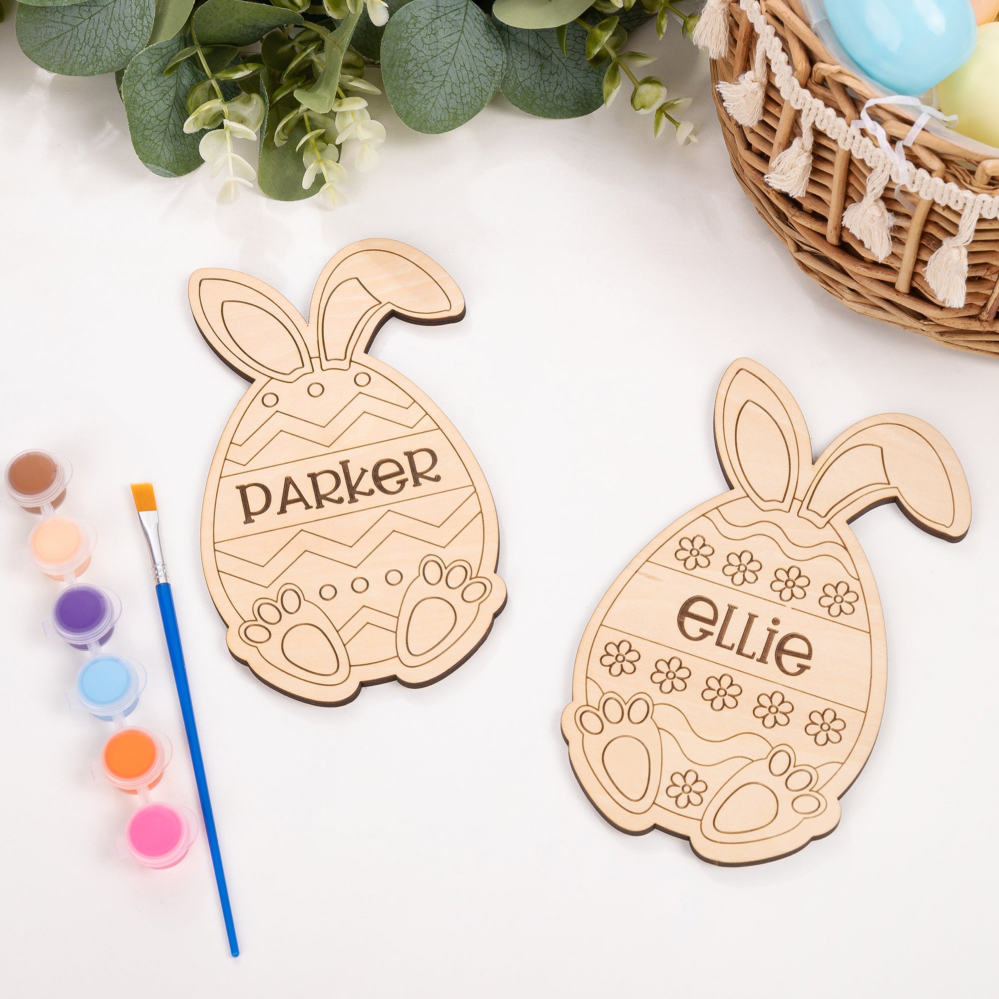 Huevo de Pascua Personalizado Diseño Conejito DIY Pintura Tablero de madera con pincel y pintura Craft Set Cesta de Relleno de Pascua Regalo para los niños