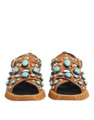 Men's Brown Leather Studded Slides Sandals Shoes