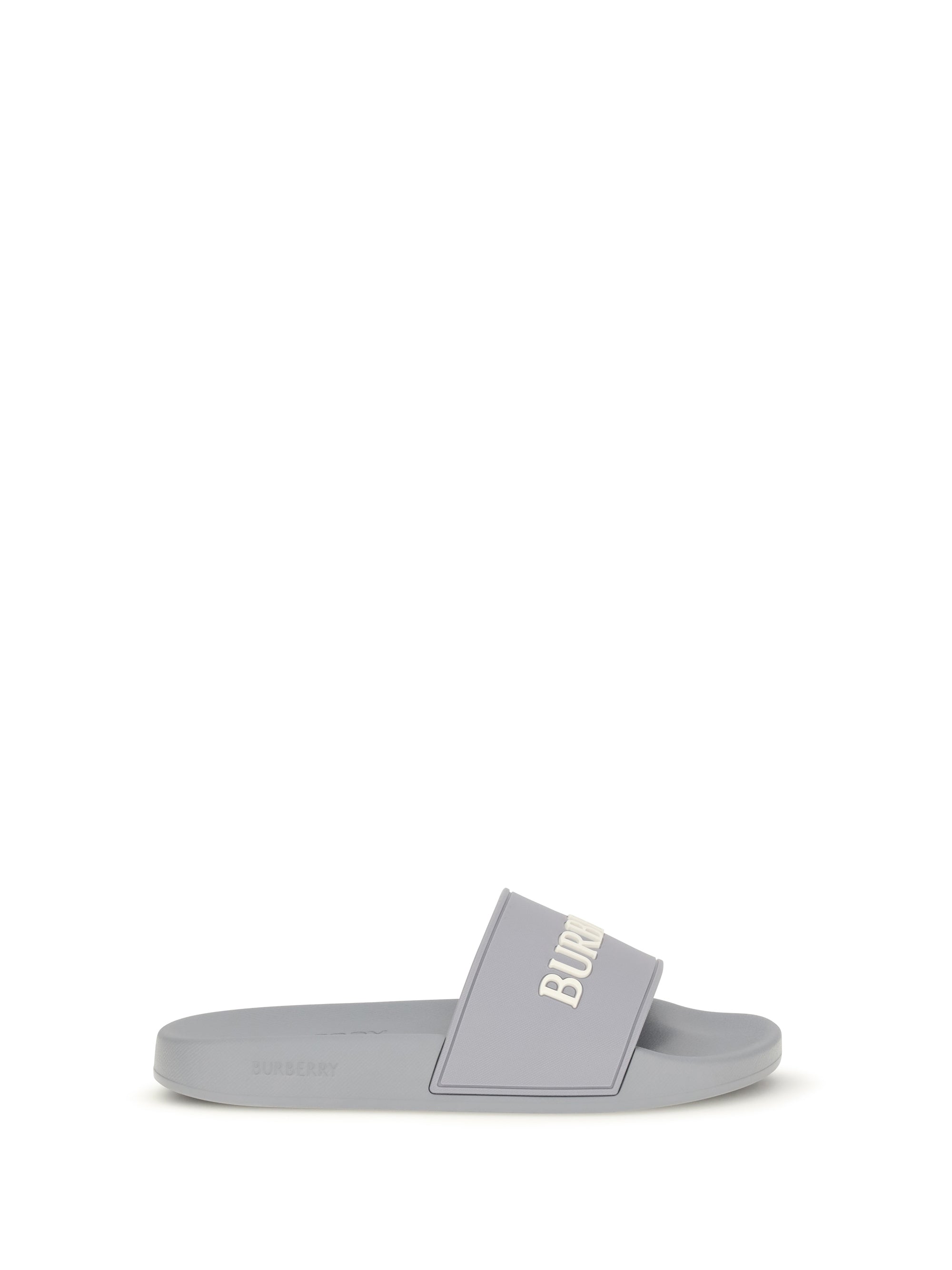 Burberry Logo-Embossed Rubber Slides — Gray