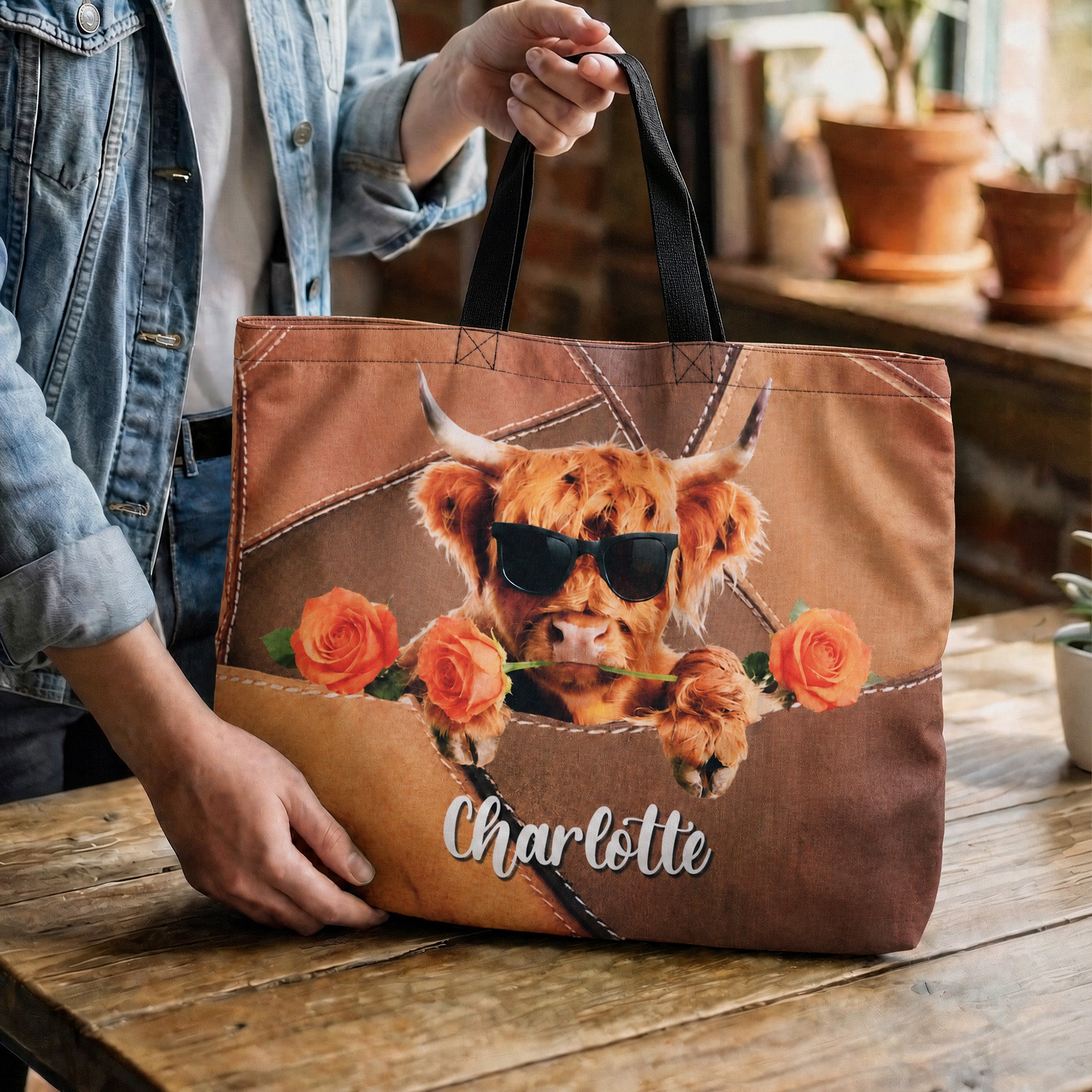 Vaca de las Tierras Altas personalizada Flor de nacimiento Bolsa de gran capacidad con nombre Uso diario Regalo de cumpleaños para vaqueras amantes de las vacas de las Tierras Altas