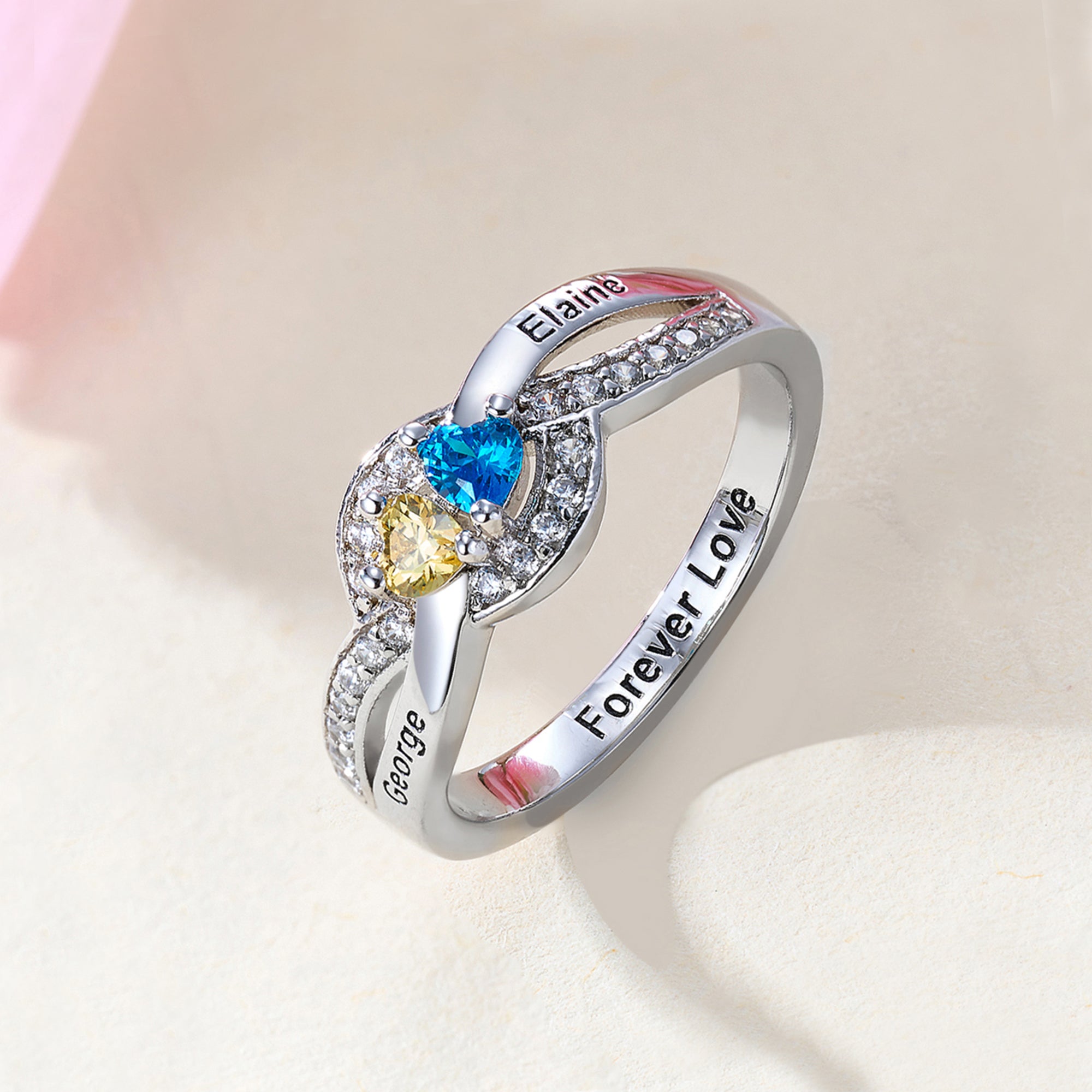 Personalizado Corazón Piedras de Nacimiento Circonio Twisted Band Ring con nombre grabado y texto Dainty Joyería Cumpleaños Aniversario Regalo para Mujeres