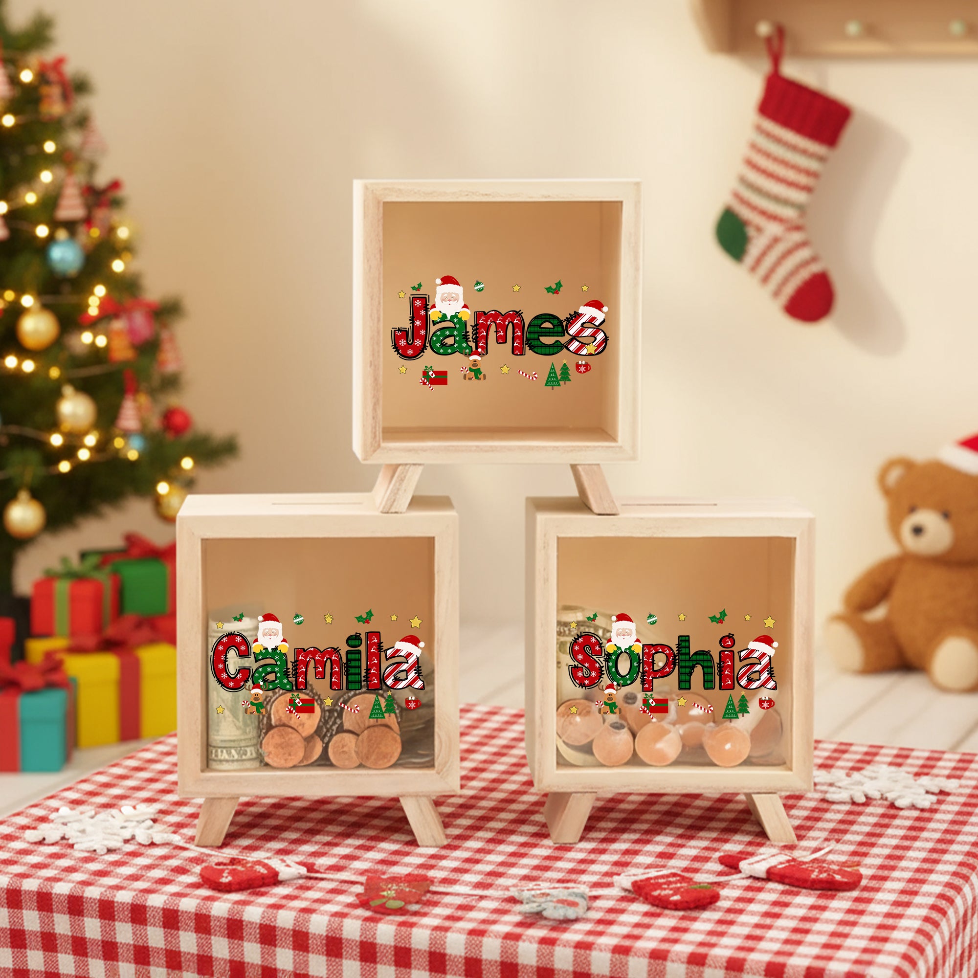 Hucha transparente de madera personalizada con el nombre de Papá Noel en forma de alce Decoración para el hogar Regalo de Navidad para niños