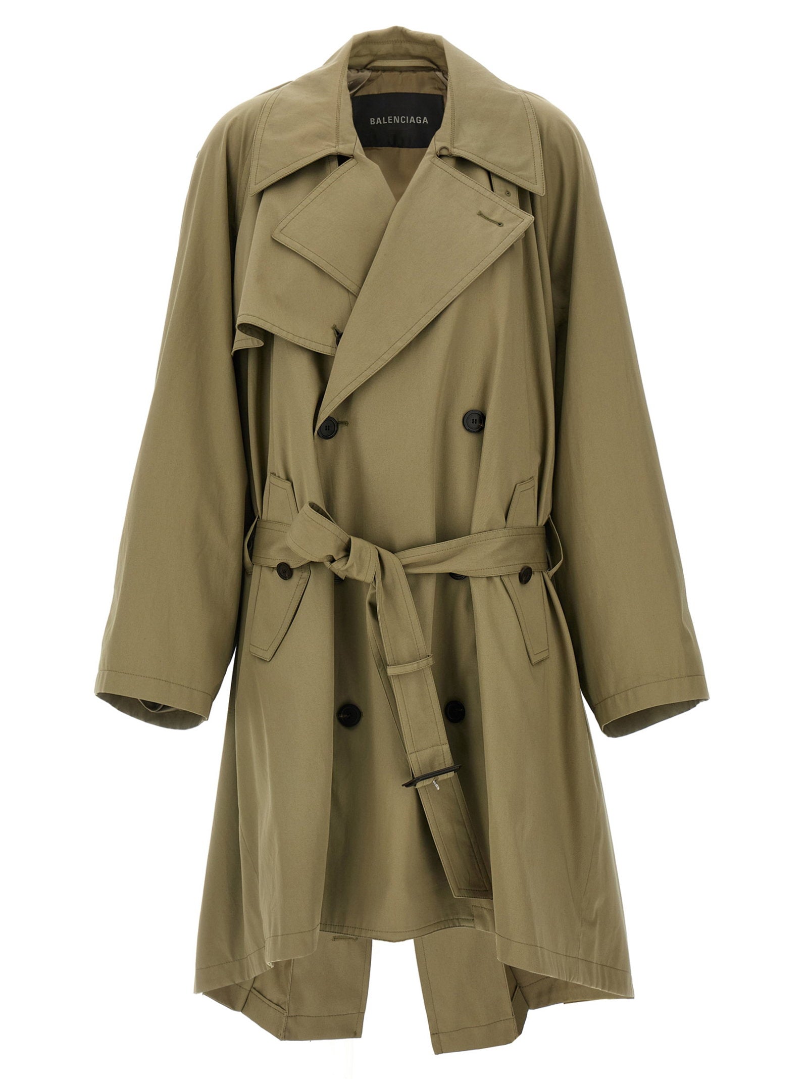 Balenciaga Draped Neck Double-Breasted Trench Coat — Khaki