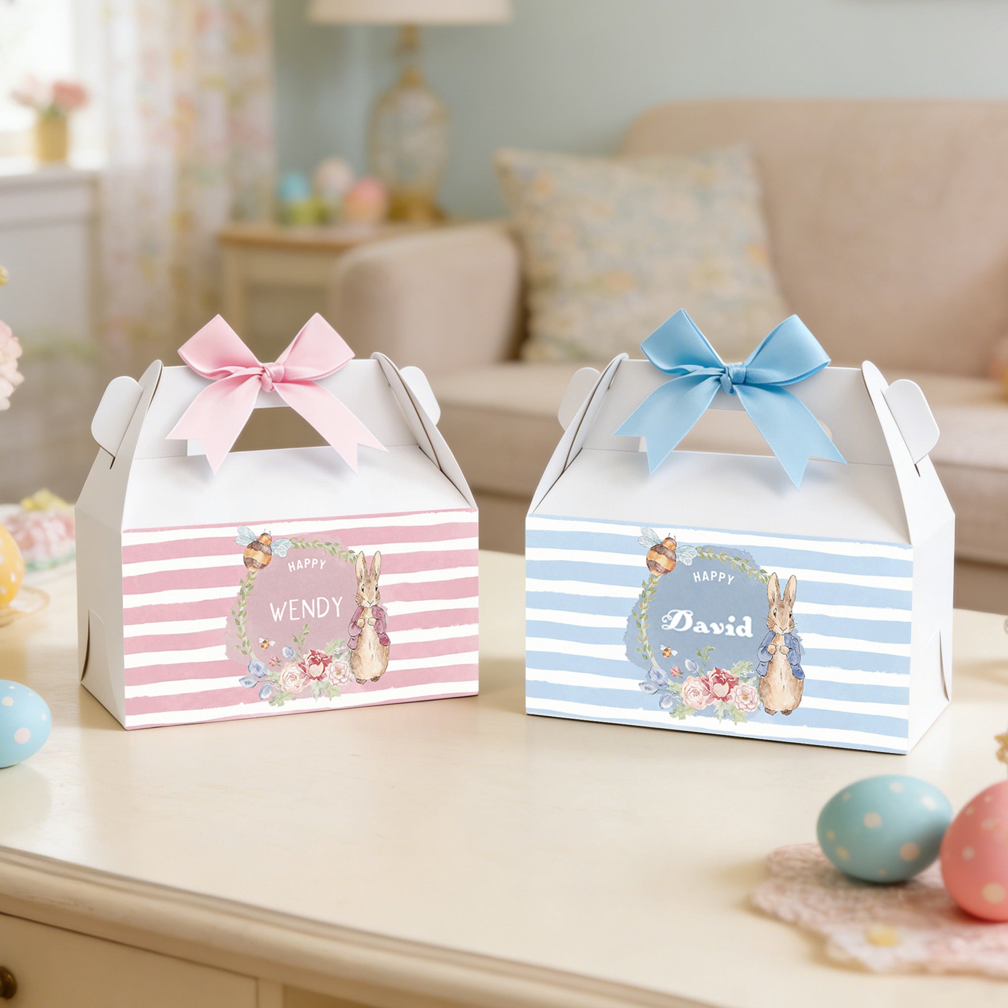 Personalizado lindo Peter Rabbit corona de abejas arco caja de regalo con asa y el nombre de Pascua regalo del partido para los niños niñas
