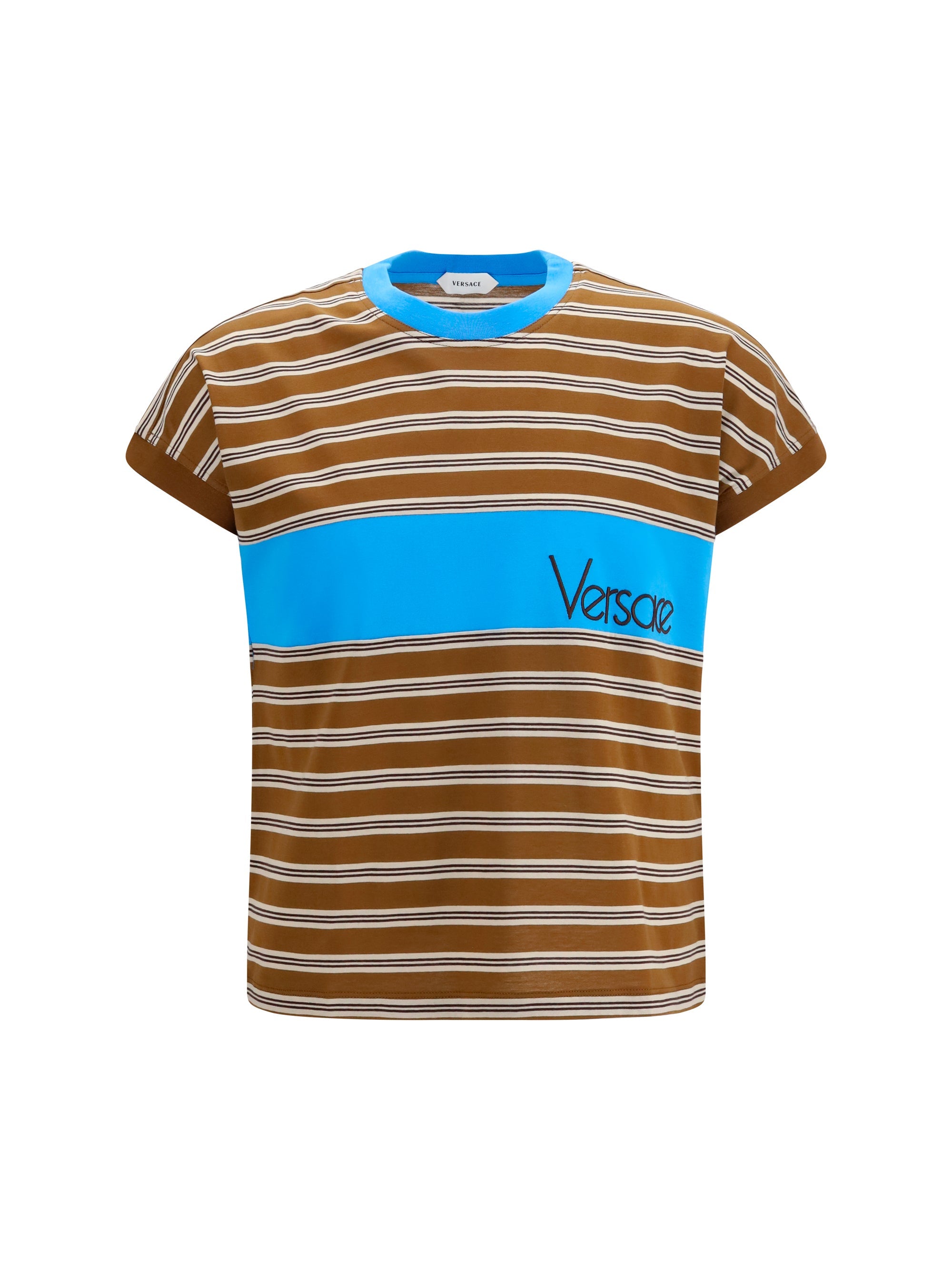 Versace Striped Intarsia T-Shirt — Brown