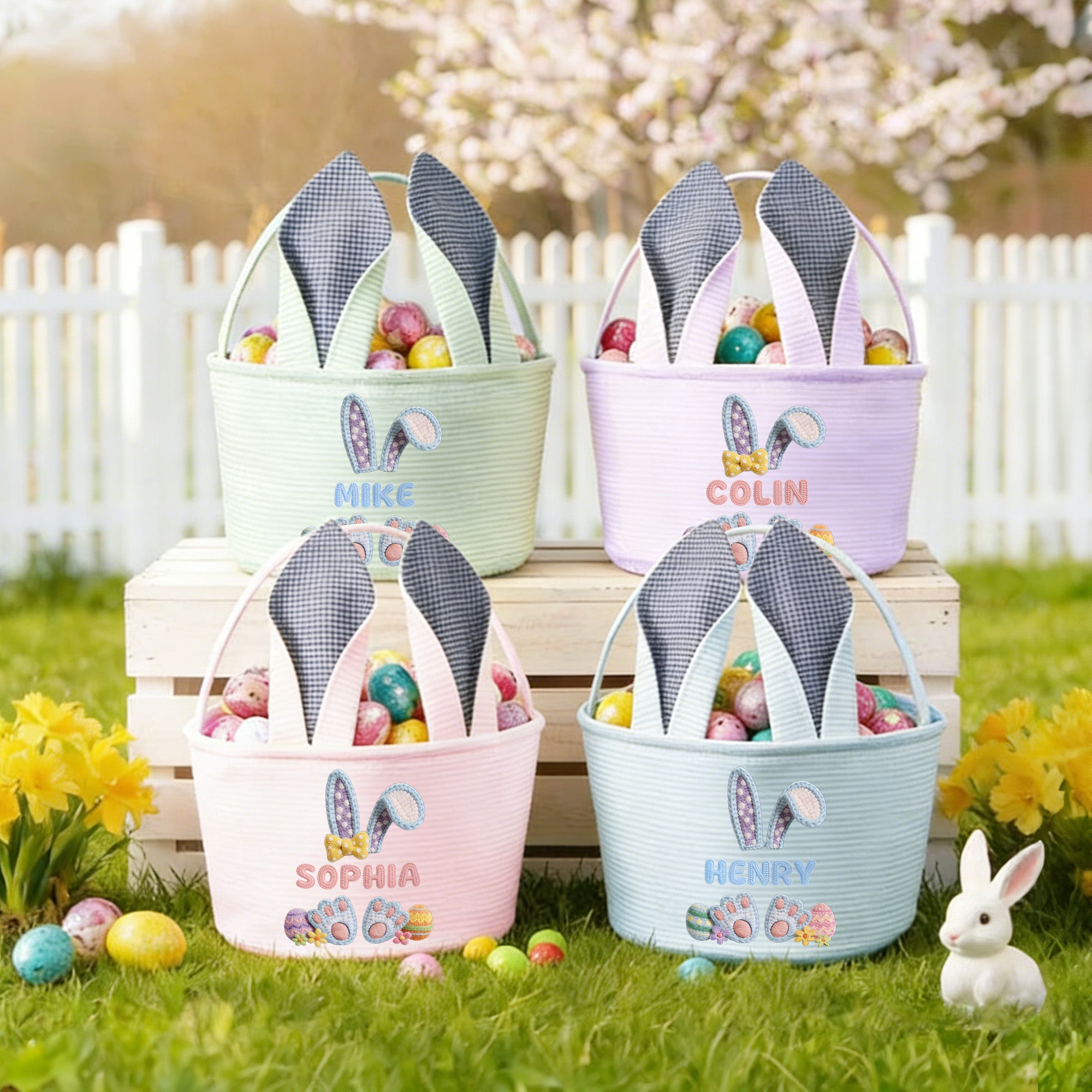 Personalizada de ganchillo de imitación de la pata del conejo de Pascua Orejas del huevo de Pascua raya Cesta de Pascua con el nombre de Pascua Favor Fiesta de los Huevos de Caza de regalo para los ni