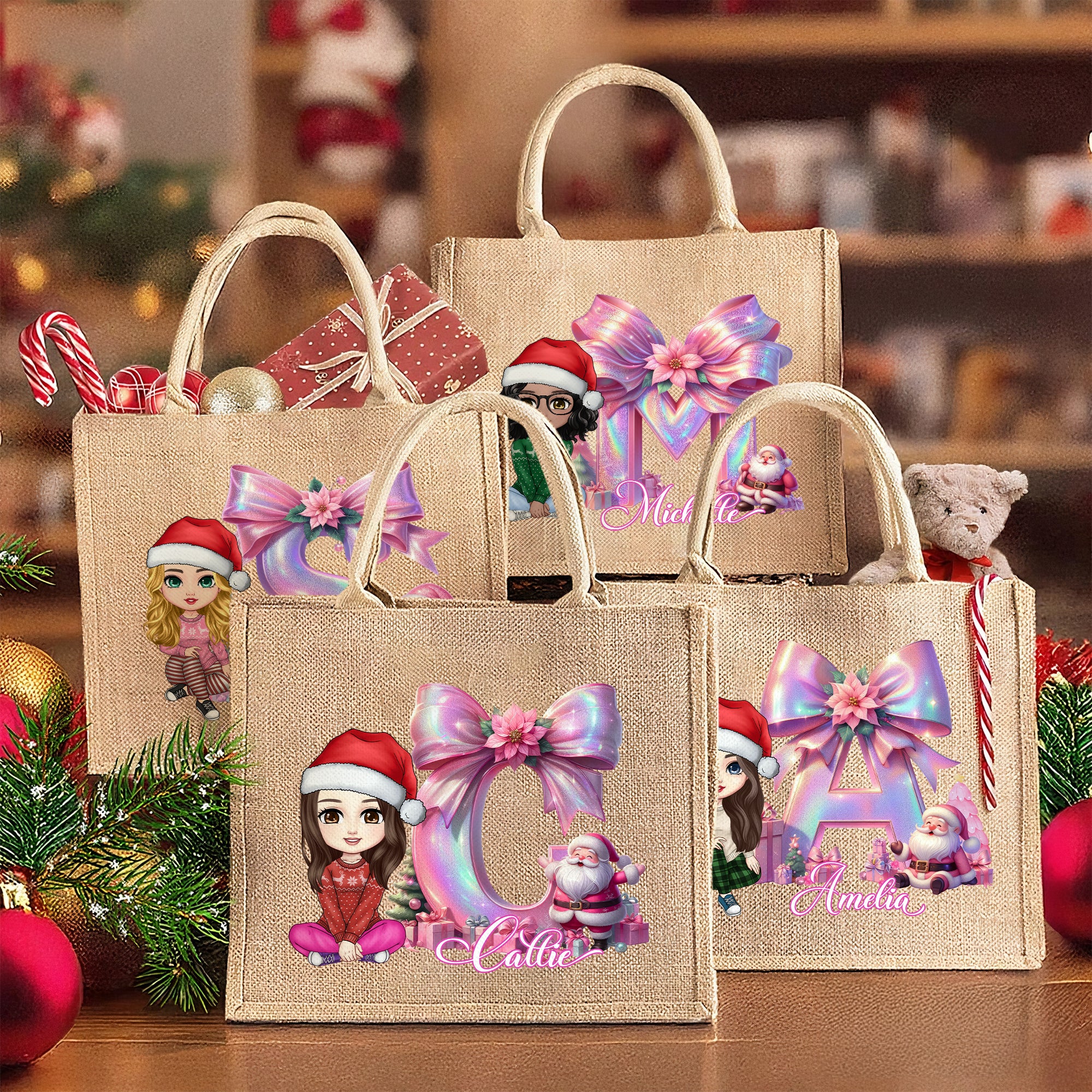 Personaje de dibujos animados de Papá Noel personalizado Bolsa de yute grande reutilizable con nombre e inicial Regalo de cumpleaños de Navidad para la familia Amigos Niños