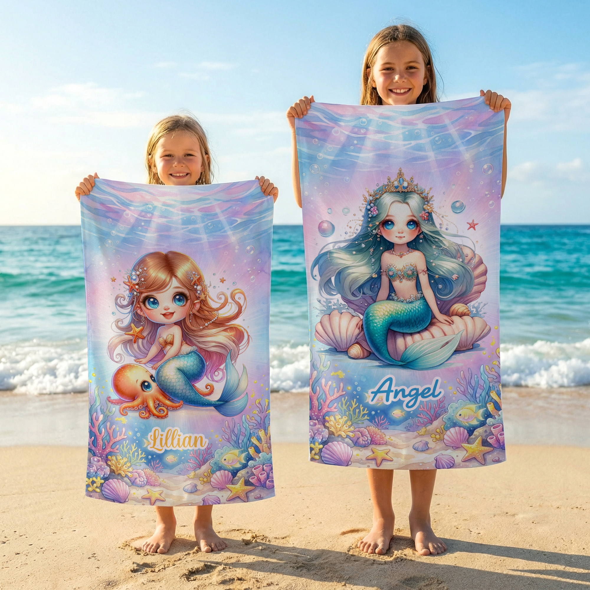 Toalla de playa personalizada con el nombre de la princesa sirena de verano Fiesta en la playa Regalo de cumpleaños para niñas Amigos Familia