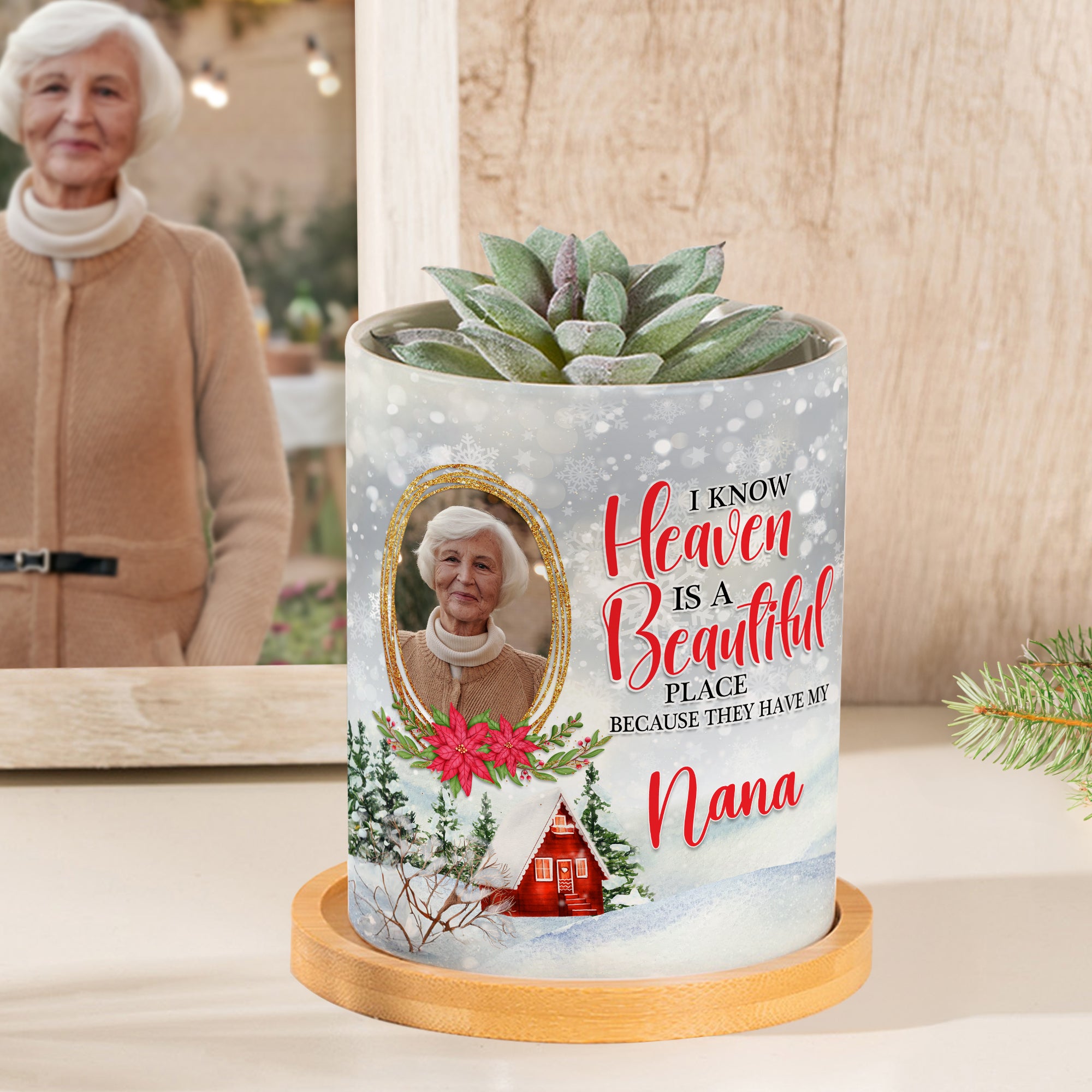 Maceta de cerámica personalizada con marco de foto, base de bambú y título Regalo conmemorativo por la pérdida de un ser querido