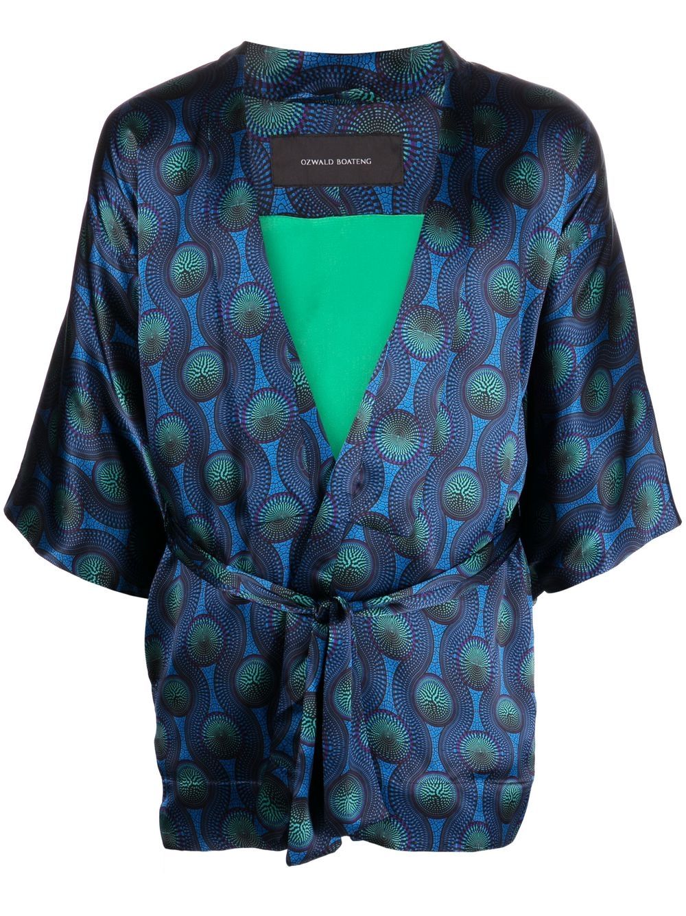 Ozwald Boateng Geometric-Print Silk Overshirt — Blue