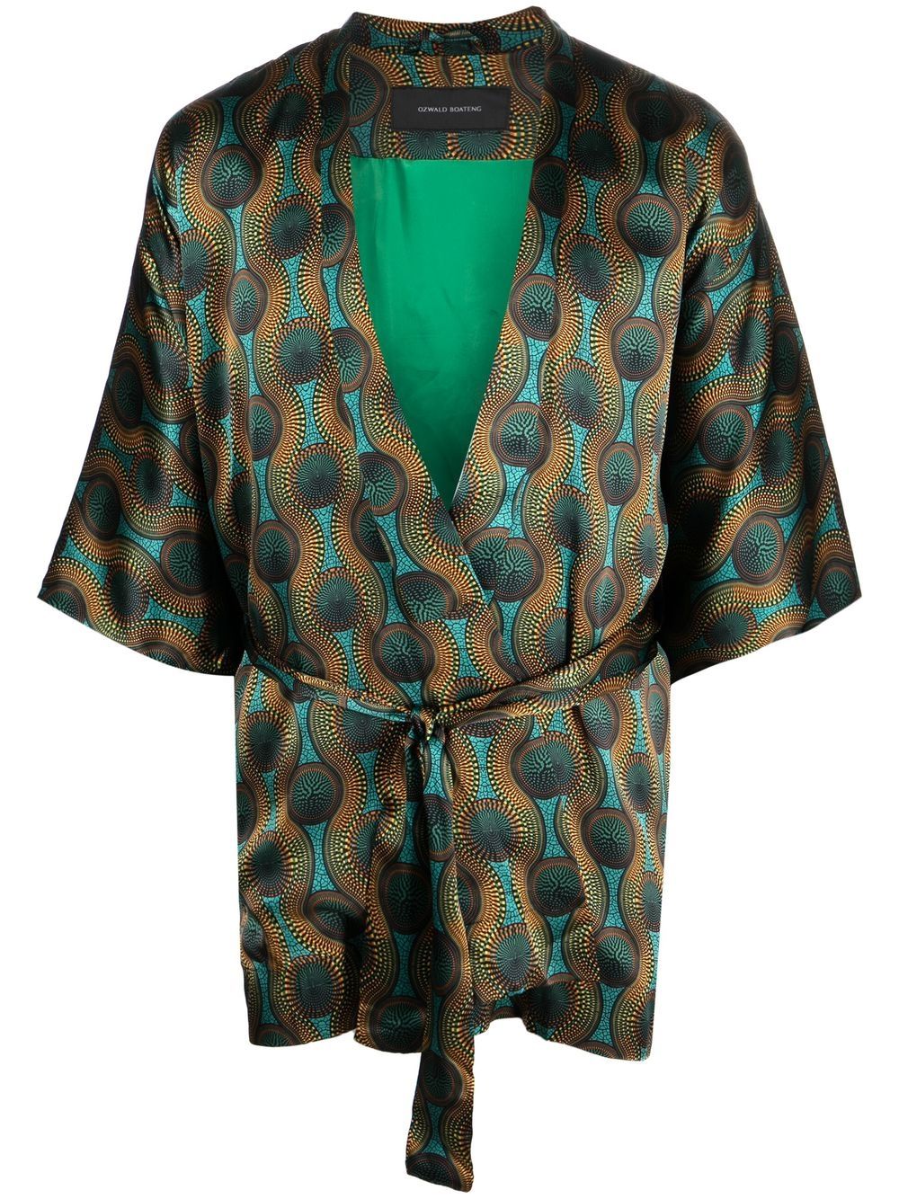 Ozwald Boateng Geometric-Print Silk Overshirt — Teal