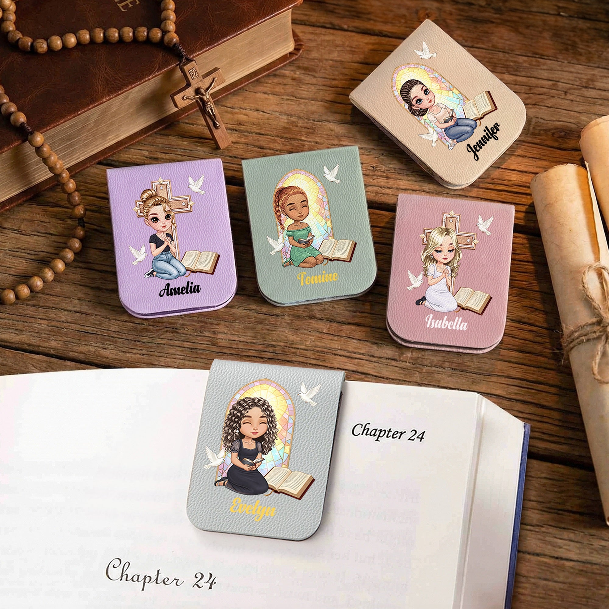 Cruz personalizada Libro de la Biblia de dibujos animados personaje de la oración de cuero de la PU Marcapáginas magnético clip con el nombre de regalo de cumpleaños para los ratones de biblioteca