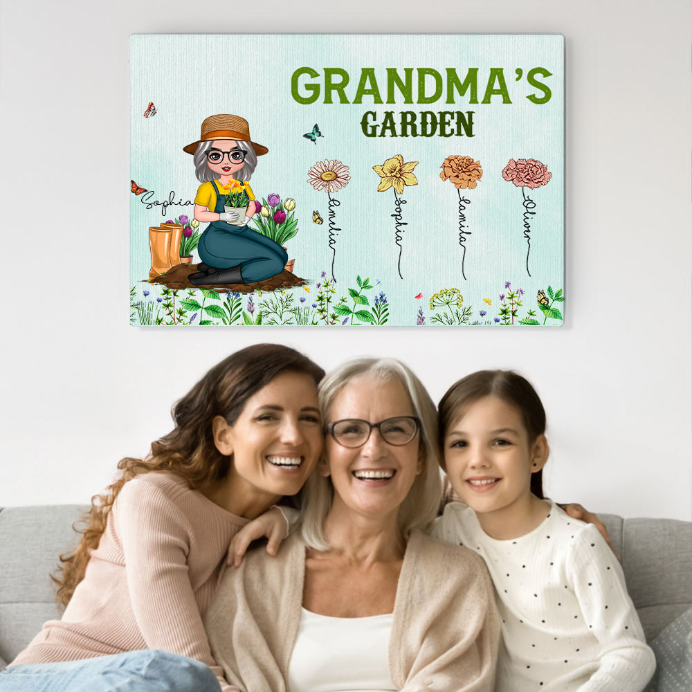 Póster personalizado de un personaje de dibujos animados de un jardín de flores de nacimiento Pintura sin marco con 1-12 nombres Decoración del hogar Regalo del Día de la Madre para mamá Abuela