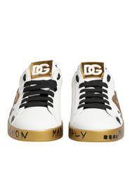 Men's White Gold Crystal Portofino Sneakers Shoes Calfskin Leather