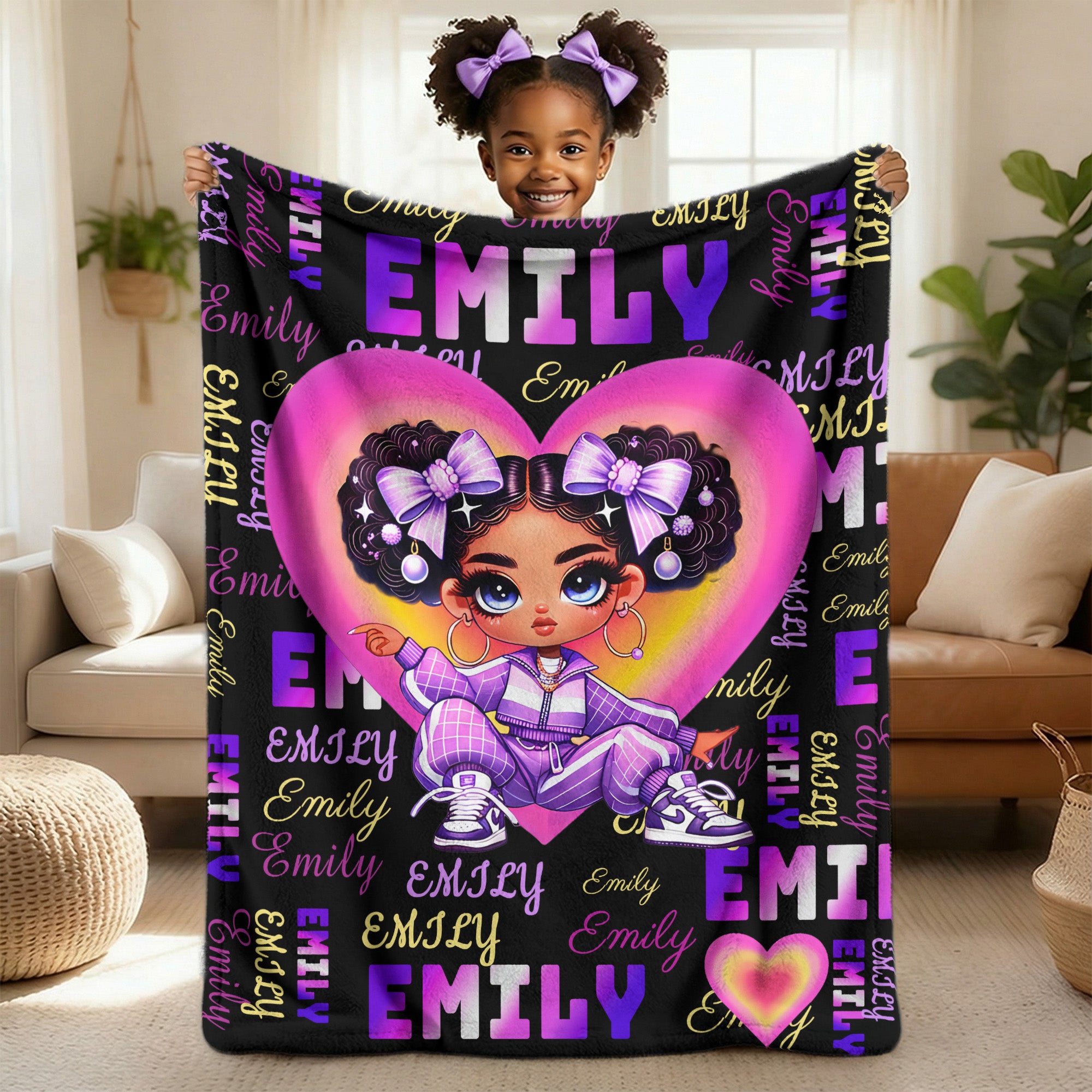 Manta suave personalizada con forma de corazón para niña africana con nombre Regalo de cumpleaños de vuelta al cole para niñas