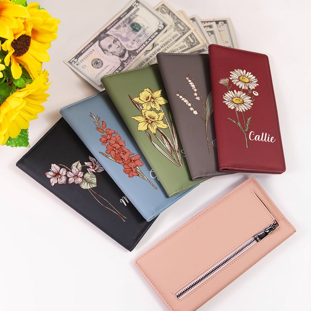 Personalizada Nacimiento Flor PU Cartera de cuero con nombre y RFID de bloqueo titular de la tarjeta de crédito Cumpleaños Día de la Madre de regalo para las mujeres