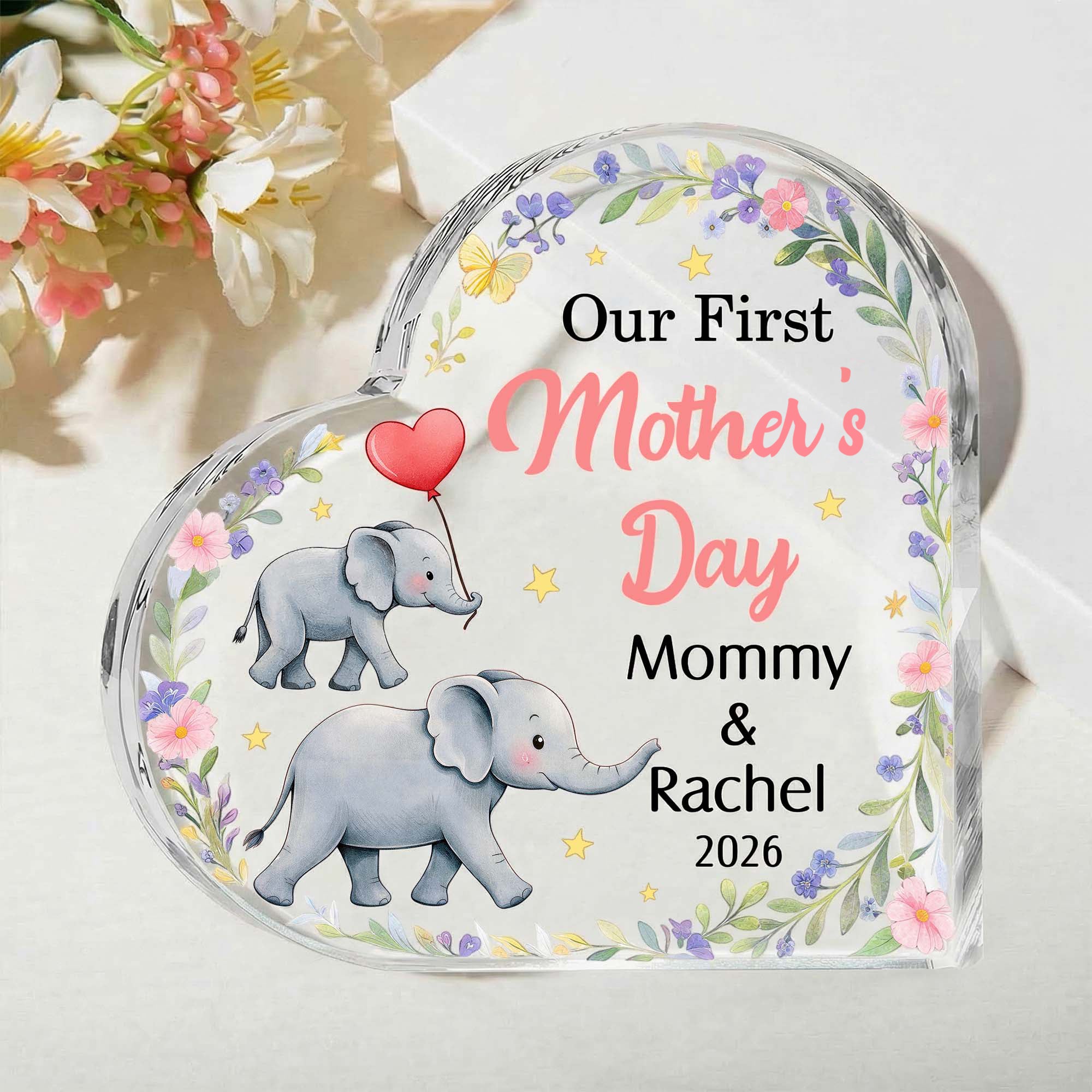 Personalizado Mamá linda bebé elefante floral acrílico placa en forma de corazón con el nombre de decoración del hogar primer regalo del Día de la Madre para la mamá Kid