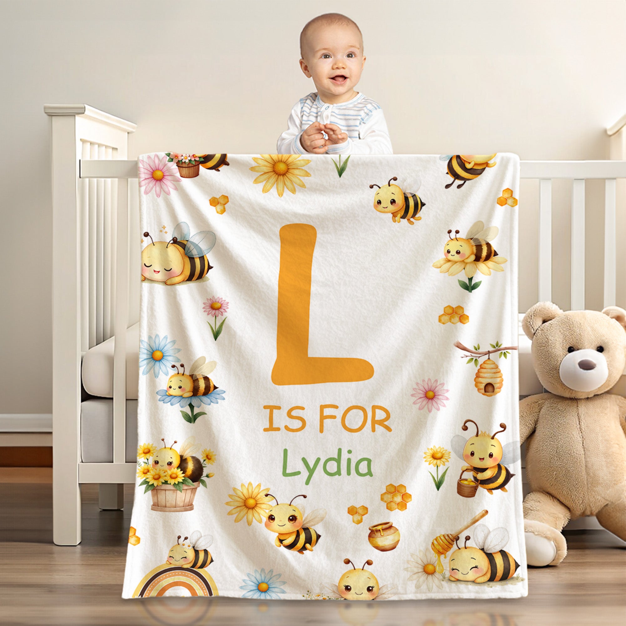 Personalizado lindo Bee Flor suave manta con el nombre y la inicial Guardería Decoración Baby Shower Cumpleaños Regalo para el bebé recién nacido