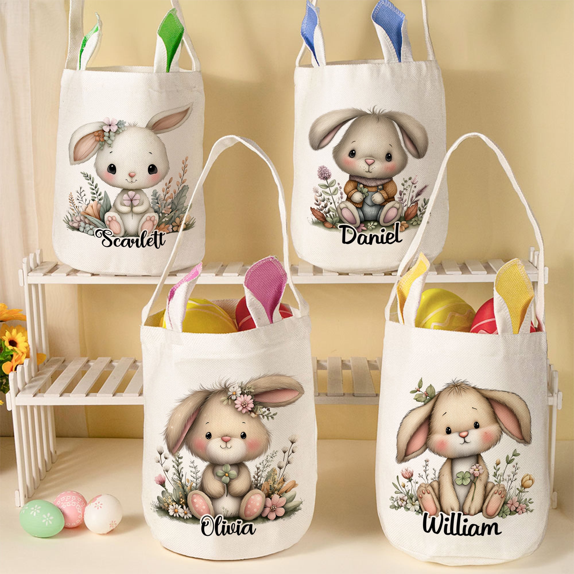 Personalizado lindo conejo de flores orejas de conejo cesta de Pascua con el nombre de Pascua Día de la Caza de Huevos de regalo de fiesta para los niños