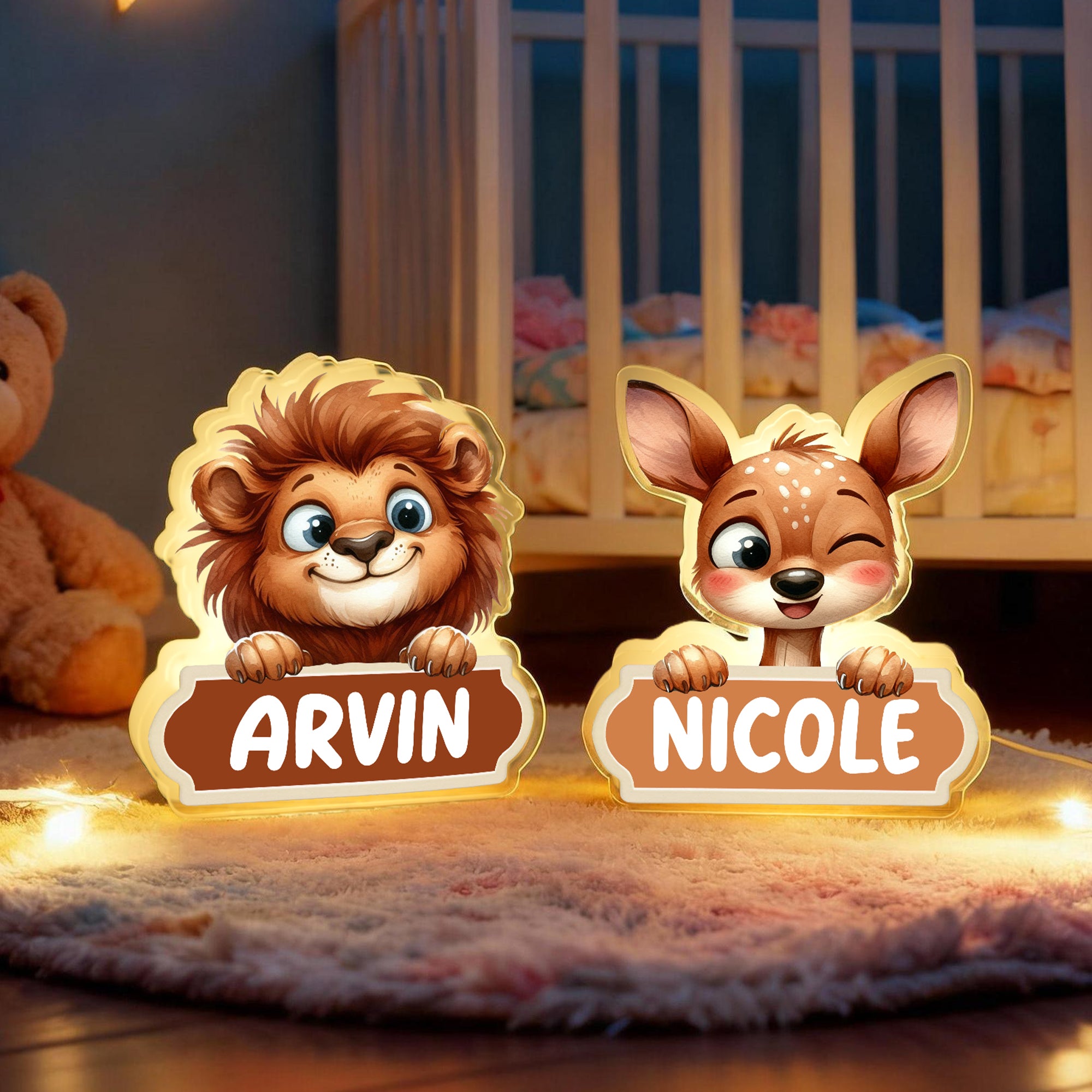 Personalizada Lindo León Lobo Animal Acrílico LED Luz de Noche con Nombre Regalo de Cumpleaños para Niños