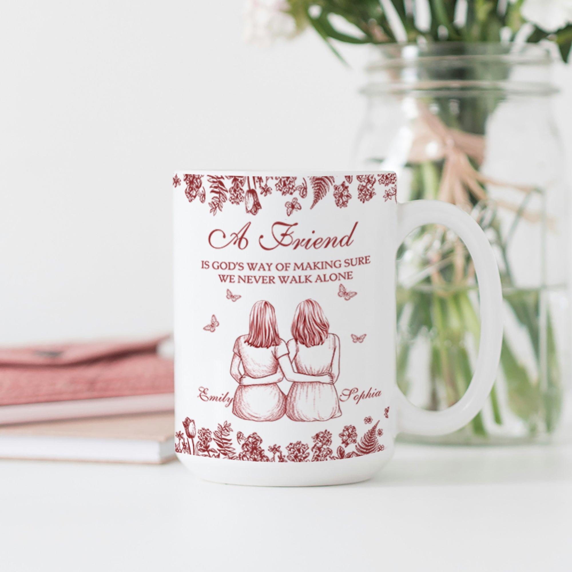 Personalizado Nunca caminamos solos Flores Retro 2-5 caracteres Taza de cerámica retro con nombres Regalo de cumpleaños para la mejor amiga Dama de honor