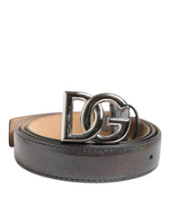 Men's Metallic Leather Silver Tone Logo Buckle Belt
