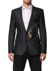 Men's Dark Gray Bee Embroidery Wool Coat Blazer Clothing