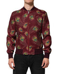 Men's Maroon Peacock Feather Print Bomber Jacket Polyester Elastane Clothing