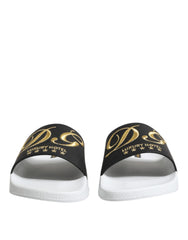 Men's Logo-Embroidered Calfskin Slides Black Leather Sandal