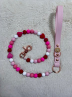 Handmade Valentine Beaded Hearts Dog Leash - Vegan Leather - Baby Pink