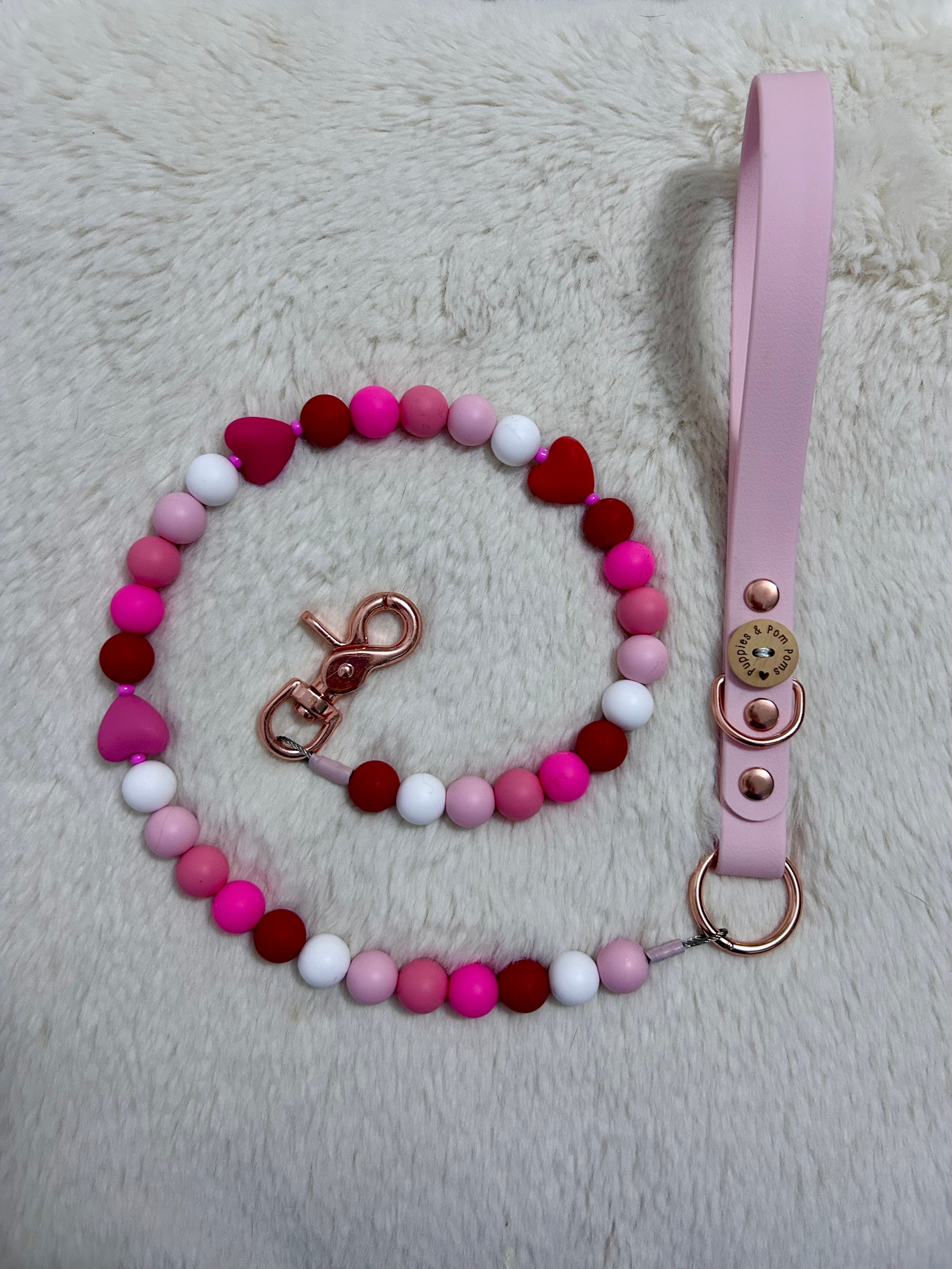 Handmade Valentine Beaded Hearts Dog Leash - Vegan Leather - Baby Pink