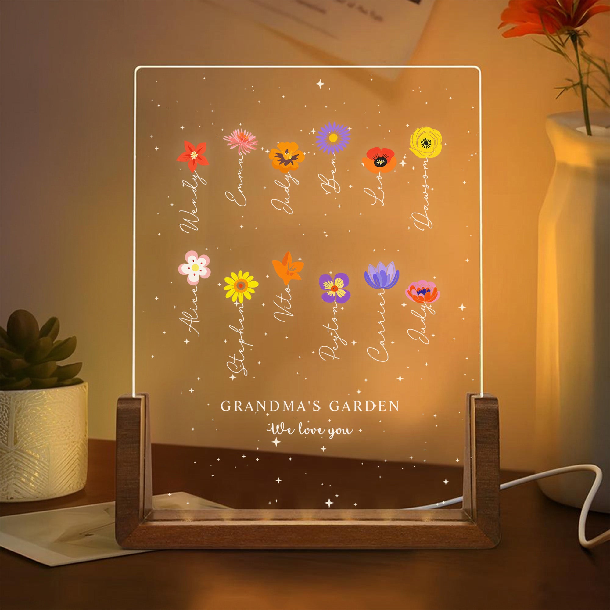 Luz de Noche LED Acrílica Personalizada Flor de Nacimiento con 1-12 Nombres Título Texto y Base de Madera Regalo del Día de la Madre para Mamá Abuela