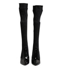 Women's Black Leather Ribbed Knit Knee Boots Shoes Fabric