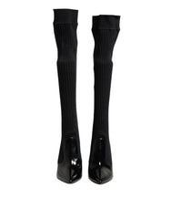 Women's Black Leather Ribbed Knit Knee Boots Shoes Fabric