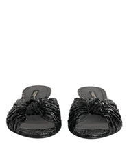 Women's Black Leather Heels Slides Sandals Shoes Python