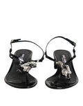 Women's Black Leather Crystal Ankle Strap Sandals Shoes